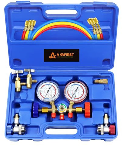 ADAFIRST AC Manifold Gauge Set, 3 Way Car HVAC R134a R404a Refrigerant Charging Tool Kit, with Hoses Quick Coupler Adapter Can Tap Case, for Auto Air Conditioner Freon Diagnostic Test and Recharge