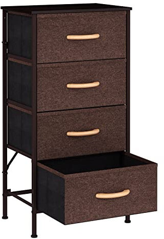 KU Syang Dresser with 4 Drawers - Fabric Chest of Drawers with Large Storage Space, Modern Tall Tower Unit Storage Organiser for Living Room/Bedroom, Wooden Top and Metal Frame (Coffee)