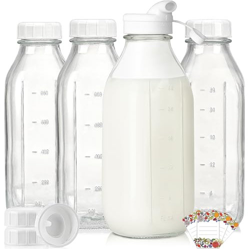 Paquete de 4 botellas de leche cuadradas de vidrio con tapas y marca de escala, botellas de vidrio reutilizables con tapa hermética para almendras caseras, jugo, botellas de jugo de vidrio de 1 litro