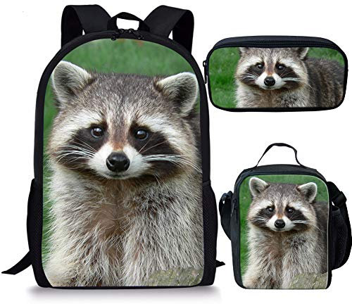 Ensemble sac d'école et sac à déjeuner raton laveur pour enfants avec porte-bouteille d'eau + boîte à déjeuner isotherme Taille S +, couleur, 5.0cm*10.5cm*20.5cm, trousse à crayons