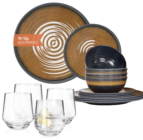 Melamin Camping Geschirr Set 4 Personen Stone Curry + 4 Milano Gläser Wassergläser Tafelgeschirr Picknick BBQ Kochgeschirr