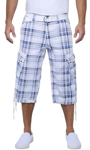 X RAY Lange Cargo-Shorts für Herren, mit Gürtel, 45,7 cm Schrittlänge unterhalb des Knies, mehrere Taschen, 3/4-Caprihose, Kariert, Blau/Weiß, 50