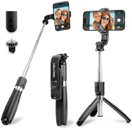2-in-1 Selfie Stick and Tripod - 1m Long Extendable Telescopic Monopod & Folding Selfie Tripod with Bluetooth Remote Control for Phone, Camera - Compatible with iPhone, GoPro, Android & More - Black