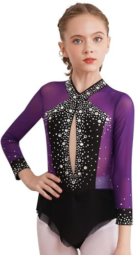 dPois Bambina Body Ginnastica Ritmica Manica Lunga Balletto Body Danza Classica Ginnastica Artistica con Strass Vestito da Balletto Danza Ballerina Pattinaggio Artistico Viola 7-8 anni