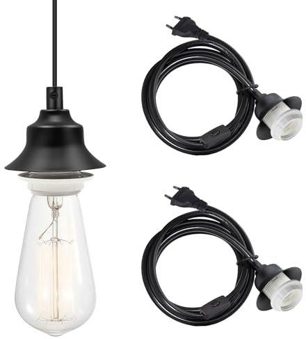 2 Pezzi Portalampada E27 con Interruttore, 450 CM Estensione Cavo Portalampade a Sospensione con Spina, Lampadina Base con Presa e Cavo, Fai Da Te Idee Creative e Lampade in Stile Rurale
