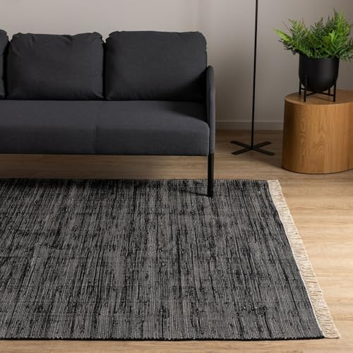 Interiyou Toledo Teppich aus Baumwolle - 80x150 cm Schwarz - Handgewebter Teppich mit Fransen für Wohnzimmer, Schlafzimmer, Kinderzimmer, Esszimmer, Küche oder Flur