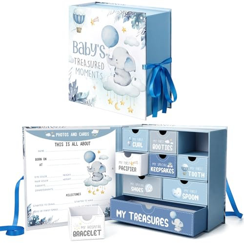 Beeveer Baby-Erinnerungsbox mit Elefantenmotiv für Neugeborene, mit 9 beschrifteten Fächern, Aufbewahrungsbuch für Babys, Andenken, Geschenk, Organizer für Schwangerschaft, Babyparty, Mutterschaft