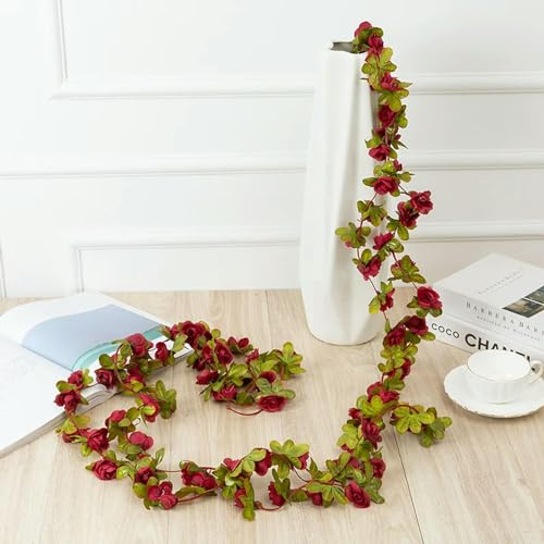 HEYWAYGO Künstliche Blumengirlande, 45 Köpfe, 2,4 m, künstliche Rose, Efeu, Zuhause, Büro, Hochzeit, Party, Garten, Handwerk, Kunst, Weinrot