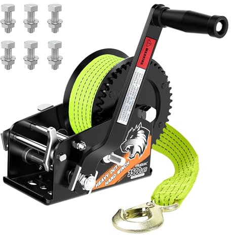 TRUQUAL Treuil manuel robuste avec sangle verte de 1 587,6 kg, cliquet bidirectionnel et rapport 4:1/8:1, à deux vitesses commutables pour remorque/remorquage/VTT/camping-car/jet ski