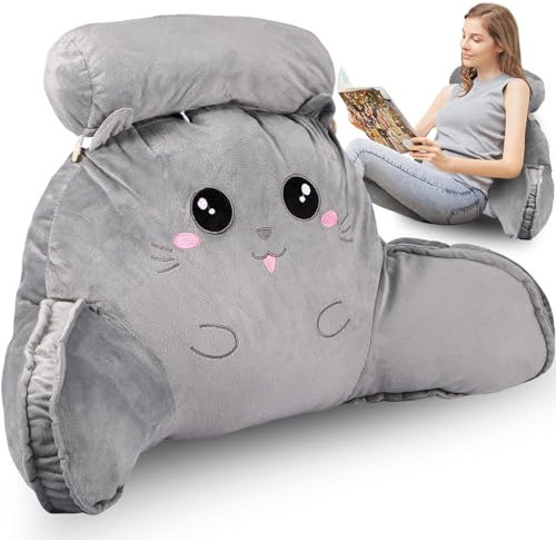 Reading Pillow for Bed Comfortable Reading Cushion Back Support with Arm Multifunctional Detachable Backrest Pillow Washable Support Rest Pillow for Reading Relaxing Watching TV (Grey Cat, 70cm)