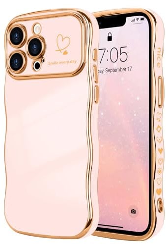 LCHULLE Kompatibel mit iPhone 13 Pro Max Hülle Liebesherz Mädchen Handyhülle Wellen Lockige Form mit erhoben Kameraschutz Luxus Galvanisierte Schutzhülle Girls Case für iPhone 13 Pro Max Hellrosa