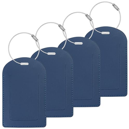 Gloppie Lot de 4 Etiquettes à Bagage pour Femme Homme, Étiquette Valise PU Cuir avec Cordes en Acier Inoxydable et Porte-nom pour Voyage Avion - Bleu Marine