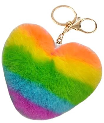 Confezione da 4 portachiavi con palla di pelo di pelo a forma di cuore a strisce viola, accessori pendenti con palla di pelliccia sintetica morbida per borse da donna e zaini personalizzati