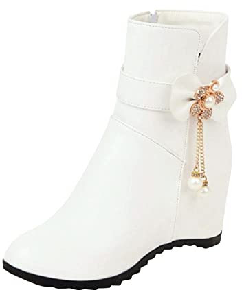 Stivali da donna in pelle tinta unita con strass fiocco zeppa all'interno alti stivali corti da donna in pelle casual, bianco, 39.5 EU