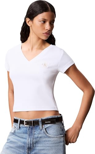 Calvin Klein Damen T-Shirt Kurzarm Woven Label Rib Tee mit V-Ausschnitt