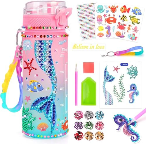 Meerjungfrau Geschenke für Mädchen 5 6 7 8 9 10 Jahre, Trinkflasche Bastelset Kinder ab 6 8 10 11 Jahre DIY Wasserflasche Basteln Diamond Painting Kinder Geburtstag Spielzeug Mädchen 4-12 Jahre