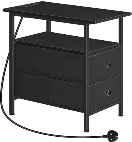 HOOBRO Narrow Bedside Table with Charging Station, with 2 Non-Woven Drawers, Slim Side Table with USB Ports and Power Outlets, Narrow Side Table for Small Spaces, Black EBB486KBZ01