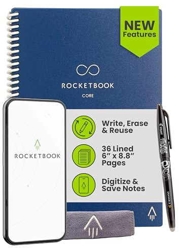 Rocketbook New Core Reusable Spiral Notebook, Executive Size 6x8.8, Navy Blue - Lined Pages, App-Connected, Erasable, Durable Cover, Ideal for School, Work, and Creative Projects