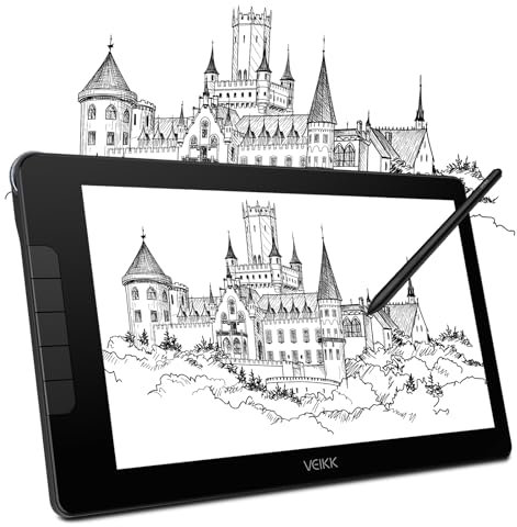 Grafiktablett mit Display mit 16384 Ebenen VEIKK Studio 16, 15,6 Zoll Drawing Tablet mit Tilt-Funktion und 5 Drucktasten+1 Touch-Leiste,kompatibel mit Windows Mac-Ideal für Fernunterricht