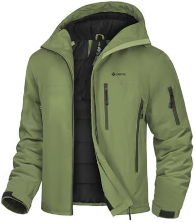 GEMYSE Herren Skijacke mit integrierte Schulterträger und Kapuze Warm Winterjacke Wasserdicht Berg Windbreaker Jacke für Snowboarden Wandern(Armeegrün,XL)