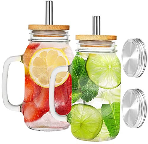 2 Pack 24oz Glass Mason Jar Cups,Can Shaped Drinking Glasses Bottles with Handle,Wide Mouth Mason Jar Pitcher with Lid and Straw for Cold Brew Coffee, Iced Tea, Juice, Lemonade, Sun Tea