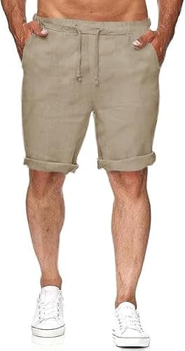 Runcati Bermuda Homme Coton Lin D'été avec Poches Short, Abricot, M