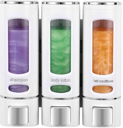 Shampoo and Conditioner Dispenser,Shower Dispensers 3 Chamber No Drill Shower Soap Dispenser Shampoo Conditioner Body Wash Dispenser Wall Mount for Bathroom，Hotel(Triple x 13.6 oz），White
