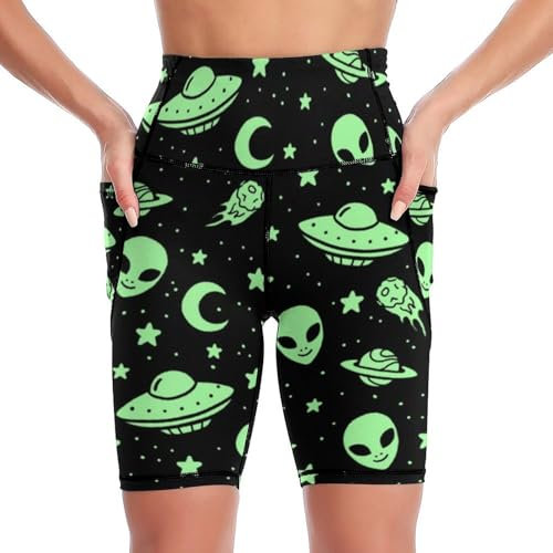 JiuPopular Pantaloncini da yoga lunghi al ginocchio, con alieni e luna verde UFO verde piccolo tartaruga grigio mimetico ginnastica, pantaloncini sportivi da corsa da donna con doppie tasche, Stile