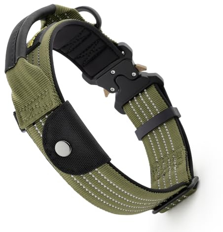 Plutus Pet Taktisches Hundehalsband mit Tracker-Paket für AirTag, verstellbares reflektierendes Nylonhalsband, Metallschnalle, mit Leder umwickelter Griff, weich gepolstert für mittelgroße und große