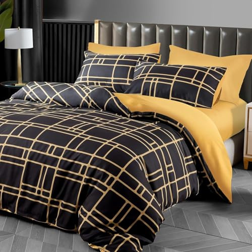 Pamposh Bettwäsche Sets Bettbezug Set Prämie Mikrofaser Anthrazit mit Reißverschluss hochwertigen Qualität für Allergiker (Schwarz und Gold, (1 x 220 x 200 cm) + (2 x Kissenbezug 80 x 80 cm))