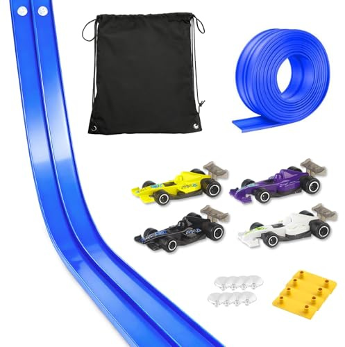 5 Meter Autorennbahn Rennstrecke - Rennstrecke Mit Rampen, Inklusive 4 Spielzeugautos, Flexibel FüR Loopings, SprüNge, Rampen, Mit 1 Aufbewahrungstasche