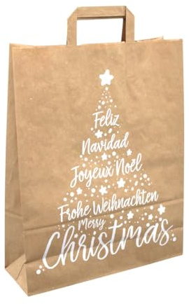 250 Papiertragetaschen Einkaufstüten Papiertüten braun mit Weihnachtsmotiv Xmas 32+12x40cm 80g/m²