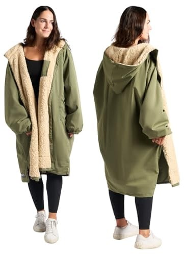 OHS Waterproof Coat Womens, Camouflage Oversized Rain Coats for Women Men Lightweight Fleece Lining Changing Robe with Hood & Pockets Breathable Drying Robe for Outdoor Travel, Khaki/Beige - L/XL