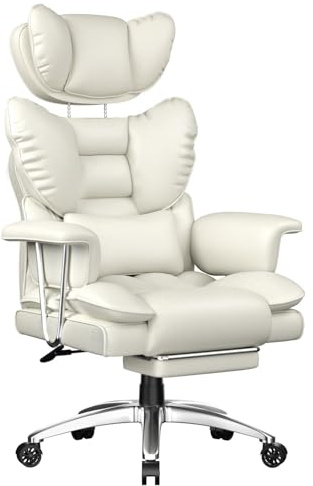 Ergonomic Office Chair - Executive Office Chair, High Back PU Leather Computer Chairs with Footrest, Adjustable Headrest and Lumbar Support Pillow, Desk Chair for Home Office, Big and Tall (White)
