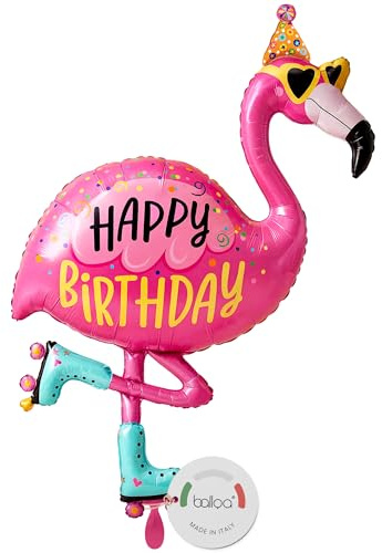 balloa Folienballon Flamingo Happy Birthday, XXL Geburtstagsdeko, 105 cm | Flamingo mit Sonnenbrille und Partyhut, XXL Tierform, heliumgeeignet, ungefüllt, sommerliche Geburtstagsdeko