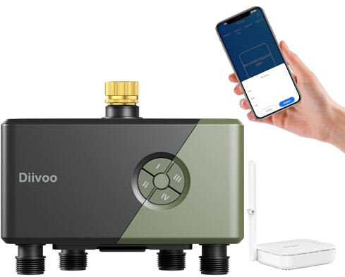 Diivoo WLAN Bewässerungscomputer 4 Ausgänge, Wasserzeitschaltuhr Gartenbewässerungssystem, Zeitschaltuhr für Bewässerung, Messingeingang&Ethernet, Alexa/Google, 24 Pläne, Regenverzögerung&Nebelmodus