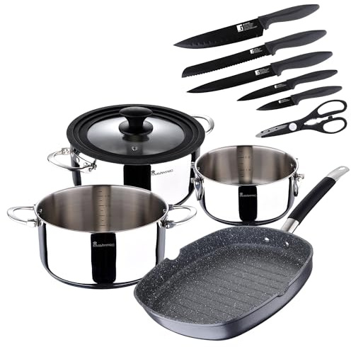 Batería de cocina con cacerolas de Ø16Ø20Ø24cm acero inoxidable + Sartén Grill 28x28cm Aluminio forjado + Juego de 5 Cuchillos con tijeras MasterPRO