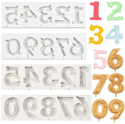 4 PCS Numbers Fondant Moulds 3D Number Silicone Mold for Cake Decoration | Chocolate Baking Molds with Stick Hole Food Grade Silicone Non Stick Easy Demould for Cupcake Topper Candy Polymer Clay