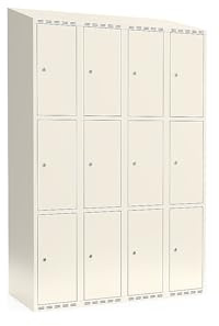 kaiserkraft | 3er-Schließfachschrank Fydor | 4 Abteile | Weiß | B 1200 mm | schräge Dachform | Zylinderschloss