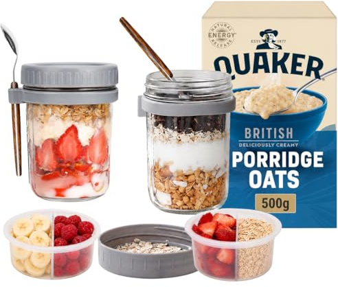 Overnight Oats Jar Breakfast Pots (12oz) – Glass Mason Jars with Lid & Spoon for Chia, Yogurt, Granola & Cereal Airtight Meal Prep Container with Measurement Mark Bundled with 500g Quaker Rolled Oats