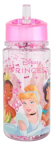 Disney Glitter Water Bottle with Straw, 300ml | BPA-Free Kids Drink Bottle | Sparkling Design | Leak-Proof Flip Lid | Suitable for Children 4+ | Not for Hot or Carbonated Drinks (Princess)