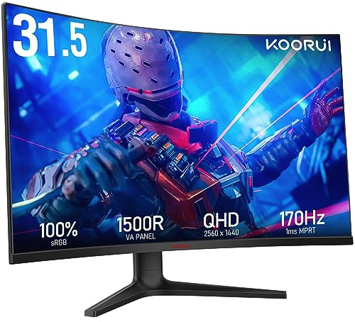KOORUI 32 Inch Curved Gaming Monitor, QHD 1440P, 170Hz, VA 1500R, 1MS | Ultrawide Screen with Ultra-Thin, HDMI/DP, VESA Compatible, Tilt Adjustable, AdaptiveSync 32E6QC