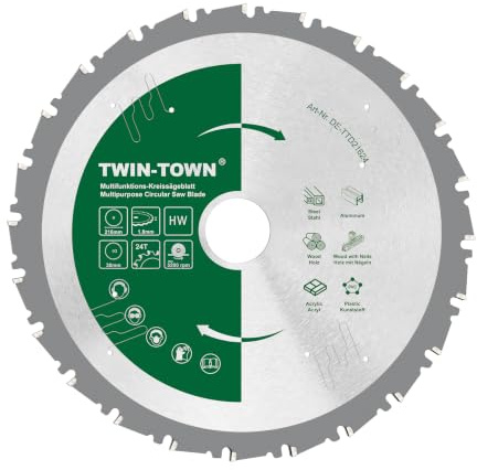 TWIN-TOWN Sägeblatt 216x30 mm mit 24 HM Zähne ideal für Holz, Metall, Aluminium | Multi Material Kreissägeblatt 216 mm Kompatibel mit Bosch, Makita, Metabo