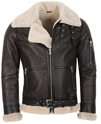 Hollert Herren Bomberjacke B16 Rocky Sylvester Style Winterjacke 100% Merino Felljacke Lederjacke Fliegerjacke Größe M, Farbe Model 1 - Espresso/Weiß