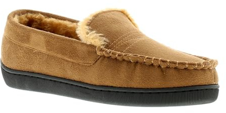 Knights Men's Moccasin Slippers - Warm Fur Lined Winter House Shoes with Anti-Skid Rubber Sole - Durable Faux Suede Indoor Loafers, Tan Brown/Beige