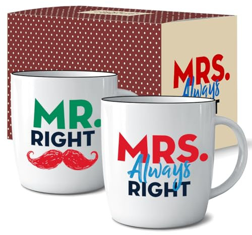 Triple Gifffted Paare Mr Right Mrs Always Right Lustige Tassen Geschenkset Ideen Hochzeitstag, Ehepaare, Verlobungsgeschenk, Hochzeitsgeschenke für Brautpaar, Hochzeit, Weihnachten, Keramik, 380ML