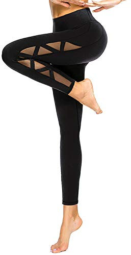 romansong Damen Mesh Leggings Yoga Hose mit Tasche, Nicht durchsichtig, Capri hohe Taille Bauchkontrolle 4-Wege-Stretch - Schwarz - X-Groß