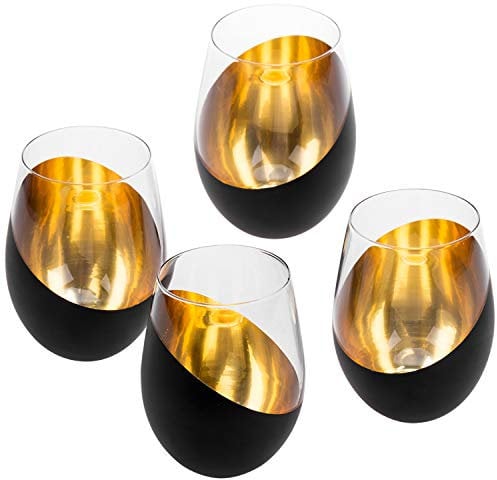 MyGift Set of 4 Stemless Wine Glasses Elegant Set with Luxury Metallic Finish 18oz Black and Gold