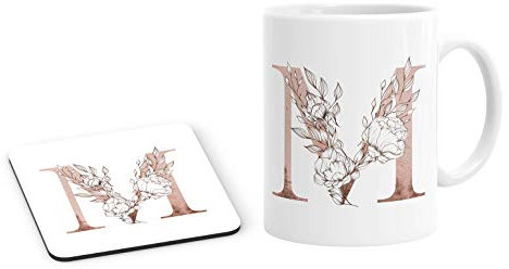Personalised Initial M Any Letter Vintage Rose Gold Blush Mug and Coaster Set Coffee Tea Cup
