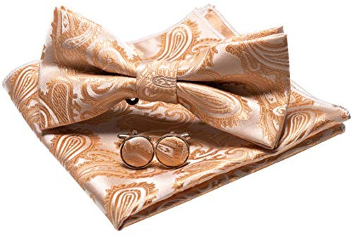 JEMYGINS Paisley Fliege und Einstecktuch mit Manschettenknöpfe Sets für Herren (Champagnergold)